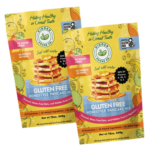 Two packages of Hidden Foods Gluten Free Homestyle Pancake Mix.