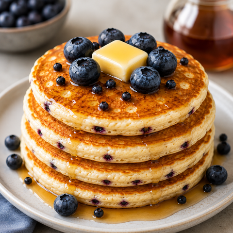A tall stack of Hidden Foods Co. blueberry pancakes with hidden vegetableson a light beige plate, topped with a butter cube, fresh blueberries, and drizzled syrup, with a bowl of blueberries and a syrup bottle blurred in the background.