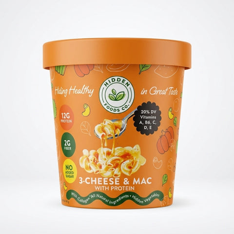 Orange Cup of Hidden Foods 3-Cheese and Mac with protein
