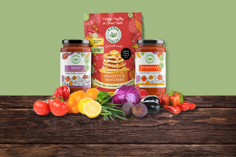 Marinara sauce, ragu sauce, homestyle pancakes and veggies